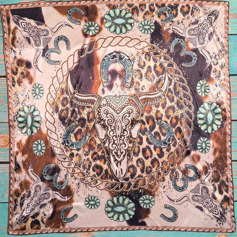 Longhorn & Leopard Wild Rag Scarf | Khaki & Turquoise | 36x36